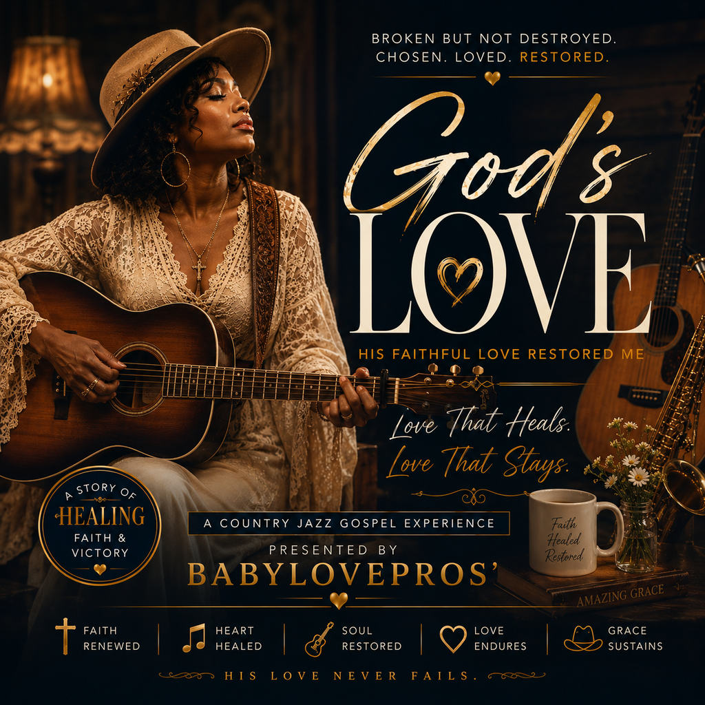 God's Love gospel single cover featuring a saxophone in royal blue and gold, by Vanessa Cuffee, presented by Babylovepros’